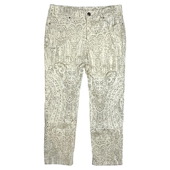 Chicos Size 00 US 2 XS So Lifting Ikat Crop Jeans White Tan Print Pants Preppy - Picture 1 of 10